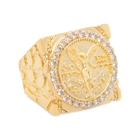14K Yellow Gold Medium Textured Mexican Centenario with Halo CZ Men's Ring