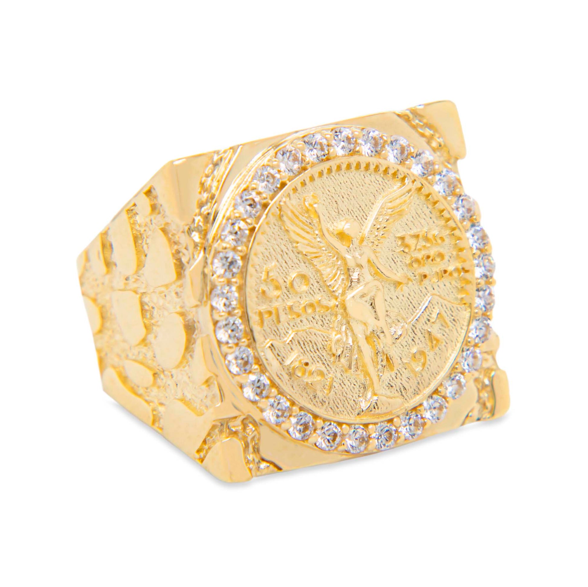 14K Yellow Gold Small Textured Mexican Centenario with Halo CZ Men's Ring