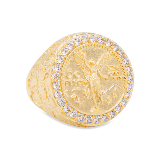 14K Yellow Gold Round Textured Mexican Centenario with Halo CZ Men's Ring