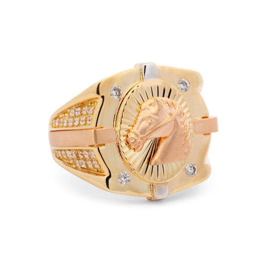 14k Tri-Color Horse Head with CZ Accents Men's Ring