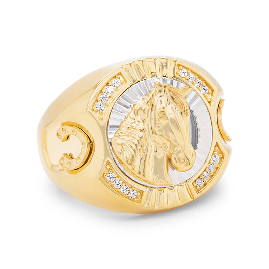 14K Two-Tone Horse Head with Horseshoe Side Details CZ Ring