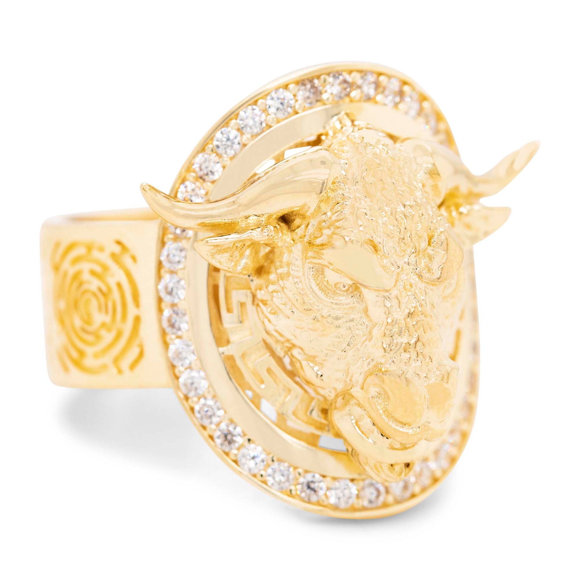 14K Yellow Gold Bull Head with Halo CZ Men's Ring