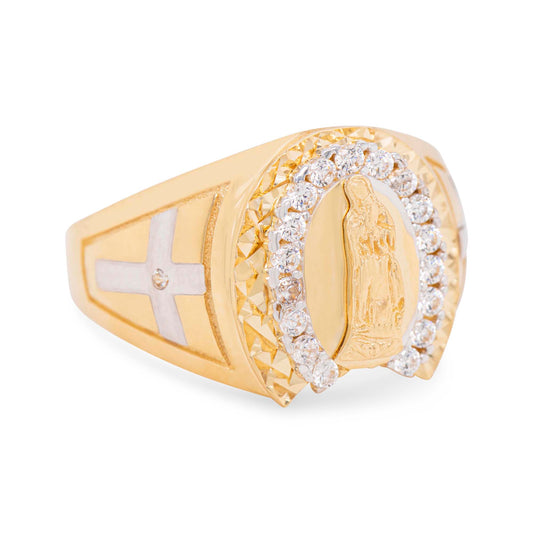 14K Two-Tone "Virgin Maria" with Side Cross CZ Men's Ring