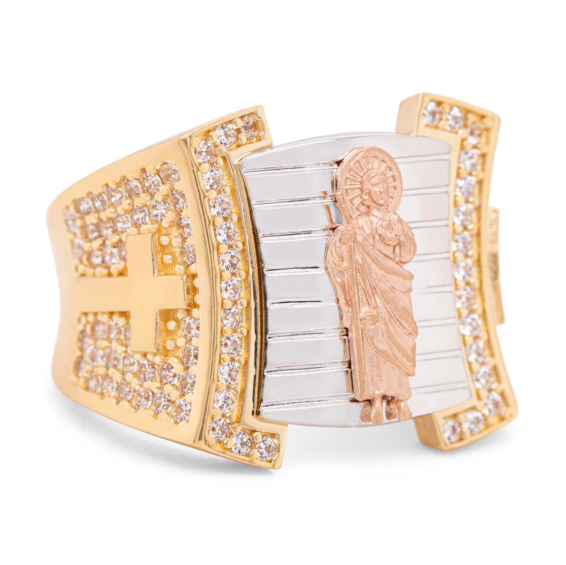 14K Tri-Color "San Judas" with Side Cross CZ Men's Ring