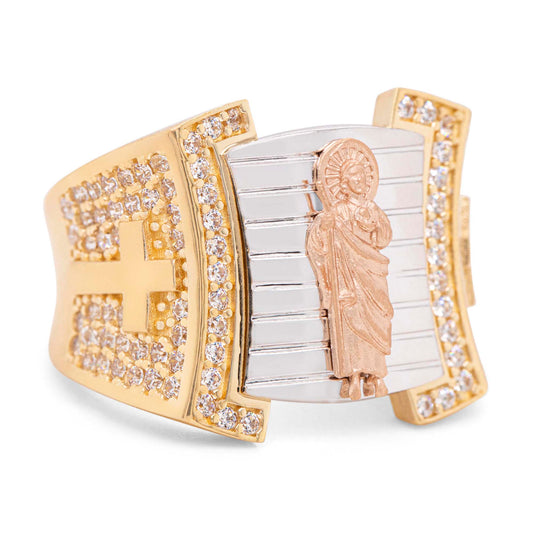 14K Tri-Color "San Judas" with Side Cross CZ Men's Ring