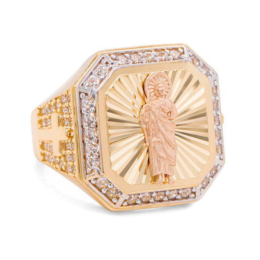 14K Tri-Color "San Judas" Diamond Cut with Side Cross CZ Men's Ring