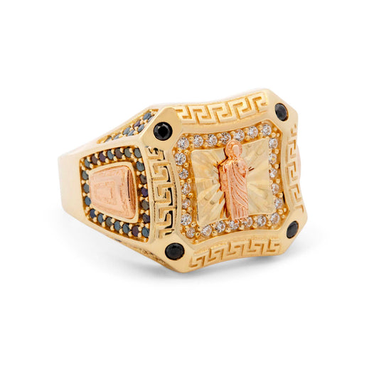 14K Tri-Color "San Judas" Diamond Cut Black and White CZ Men's Ring