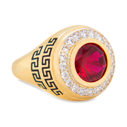 14K Yellow Gold Red with White CZ Men's Ring