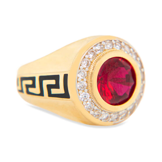 14K Yellow Gold Red with White CZ Men's Ring-1