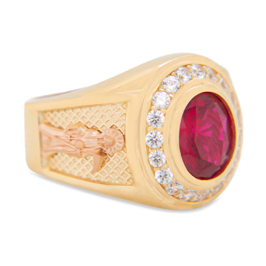 14K Yellow Gold Round "San Judas" Red Stone Men's Ring