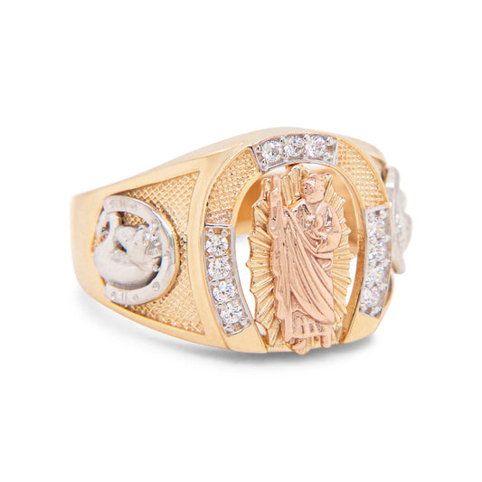 14K Tri-Color "San Judas" Textured Horseshoe Side CZ Men's Ring