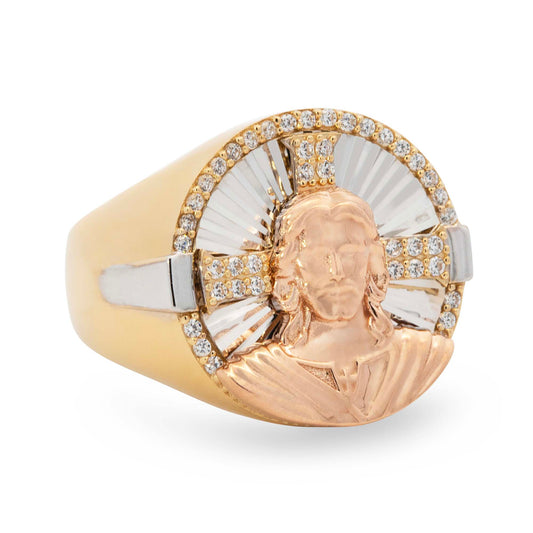 14K Tri-Color Jesus Face Diamond Cut and CZ Men's Ring