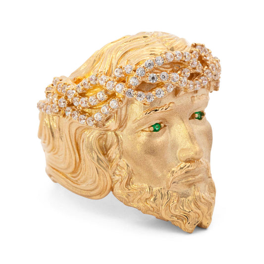 14K Yellow Gold Medium Jesus Head Crown CZ Men's Ring