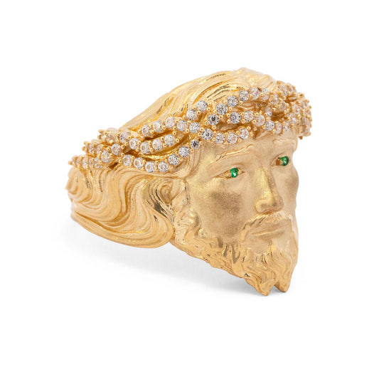 14K Yellow Gold Small Jesus Head Crown CZ Men's Ring