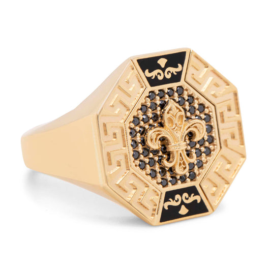 14K Yellow Gold Geometric Spade with Black Enamel and CZ Accents Men's Ring