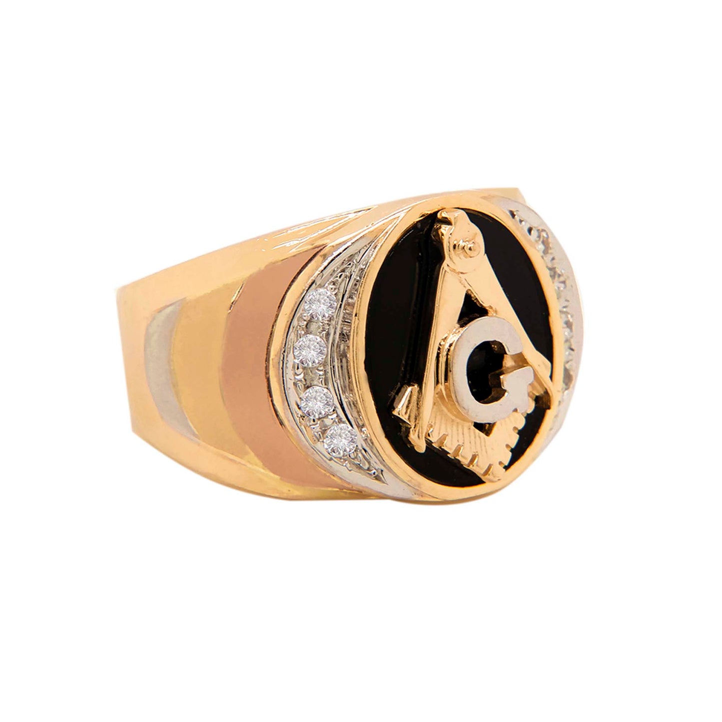 14K Tri-Color Masonic Emblem Black Enamel with CZ Men's Ring