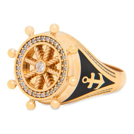 14K Yellow Gold Sailor Wheel and Anchor with Black Enamel and CZ Accents Men's Ring