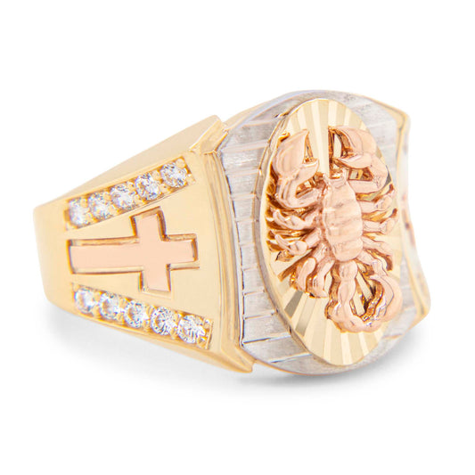 14K Tri-Color Scorpion with White CZ Accents and Cross Detail Men's Ring