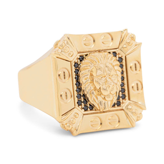 14K Yellow Gold Lion Head with Black CZ Accents Men's Ring