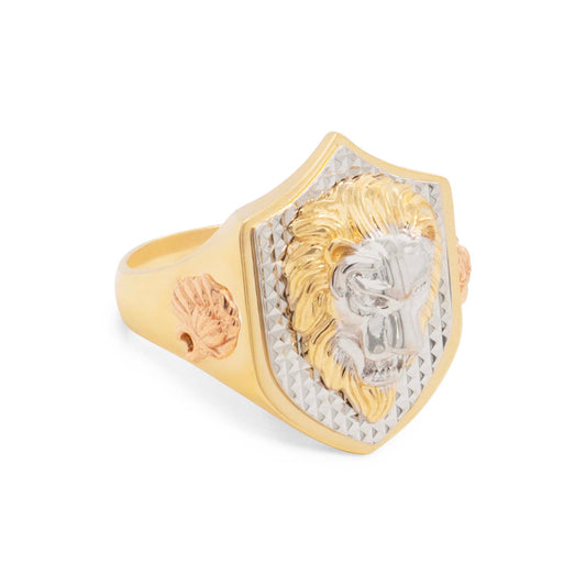 14K Tri-Color Textured Lion's Head Shield Men's Ring
