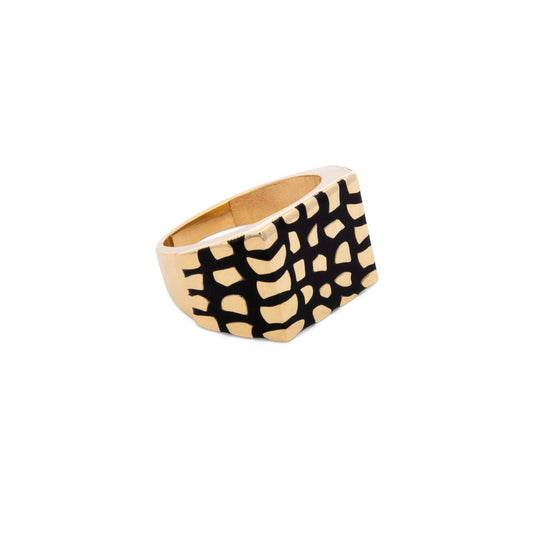 14K Yellow Gold Abstract Pattern Black Enamel Men's Ring