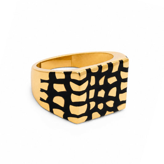 14K Yellow Gold Abstract Pattern Black Enamel Men's Ring