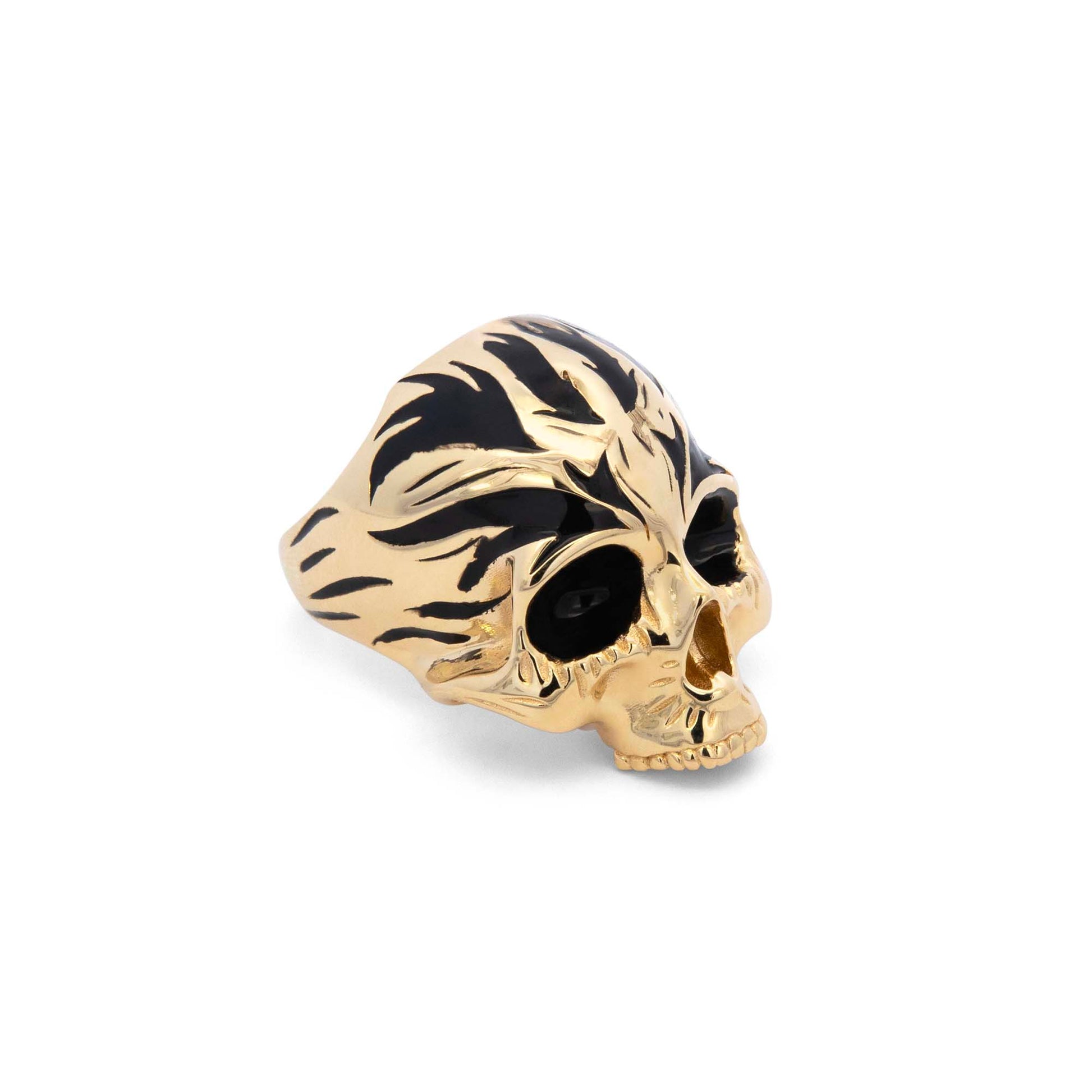 14K Yellow Gold Black Enamel Skull Men's Ring