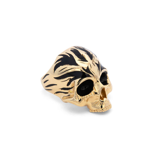 14K Yellow Gold Black Enamel Skull Men's Ring