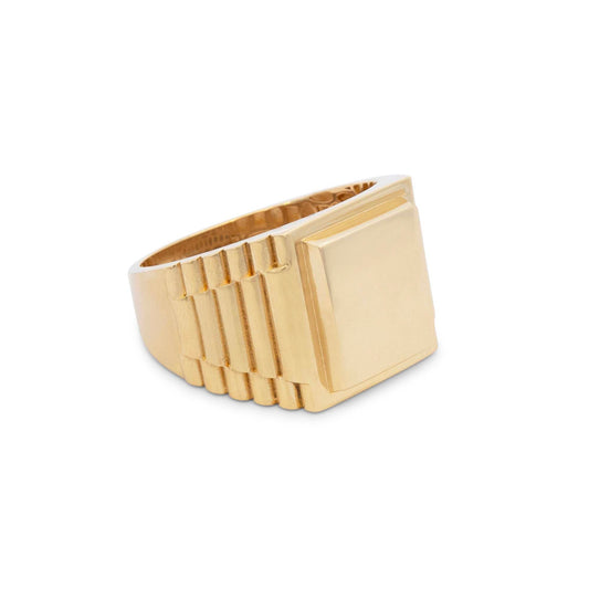 14K Yellow Gold Ribbed Square Top Signet Men's Ring