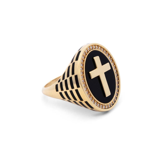 14K Yellow Gold Halo CZ Black Enamel Cross Men's Ring