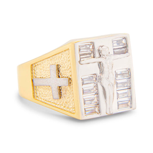 14K Two-Tone Crucifix Baguette CZ Men's Ring