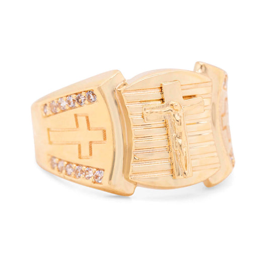 14K Yellow Gold Crucifix with Side Cross CZ Men's Ring