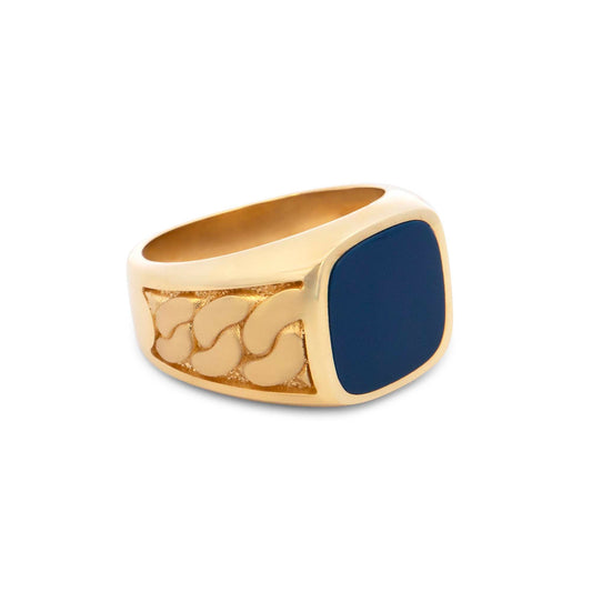 14K Yellow Gold Blue Enamel Men's Ring