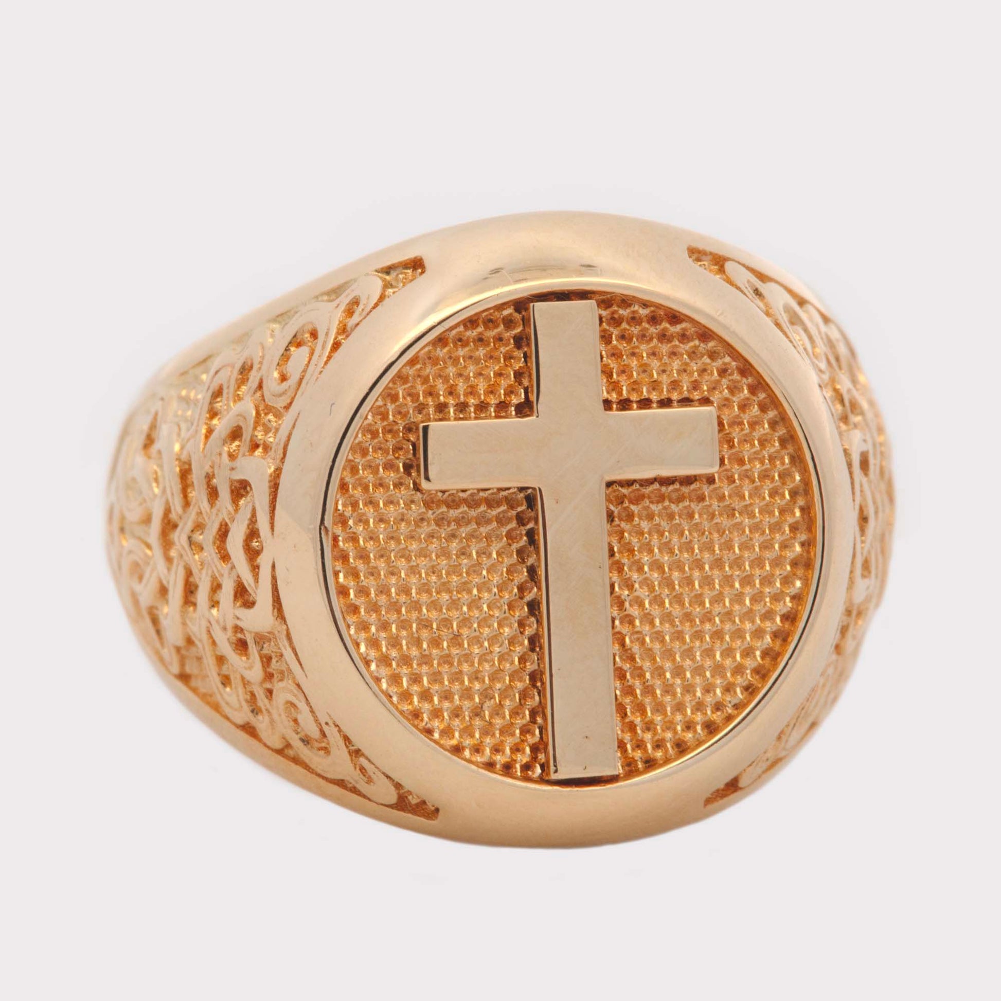 14K Yellow Gold Cross with Textured Side Round Men's Ring