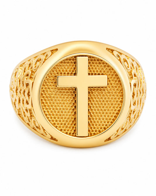 14K Yellow Gold Cross with Textured Side Round Men's Ring