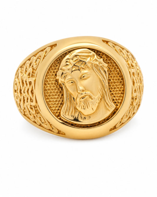 14K Yellow Gold Textured Jesus Face Men's Ring