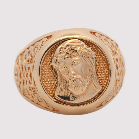 14K Yellow Gold Textured Jesus Face Men's Ring