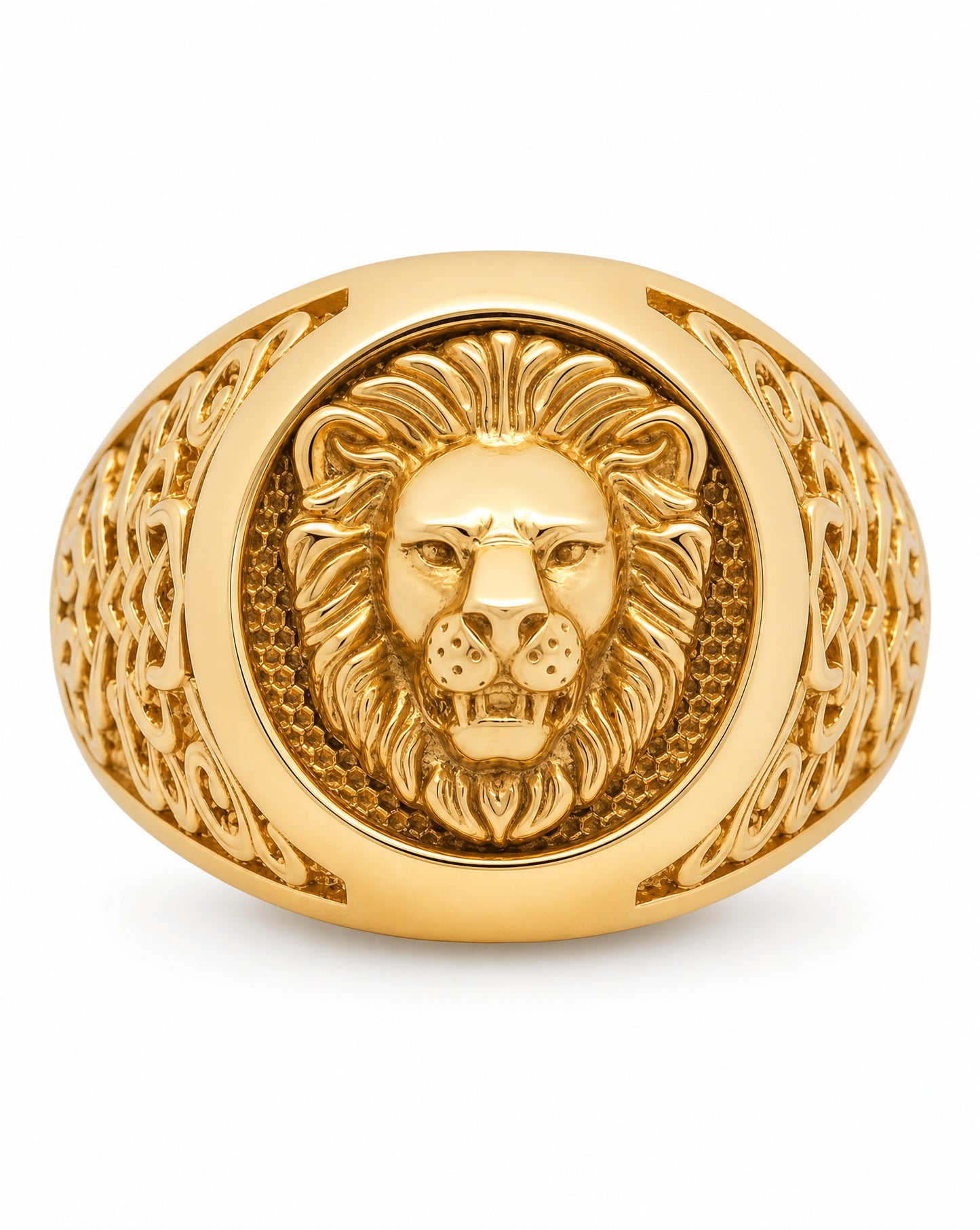 14K Yellow Gold Lion Head Patterned Side Men's Ring