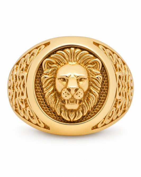 14K Yellow Gold Lion Head Patterned Side Men's Ring