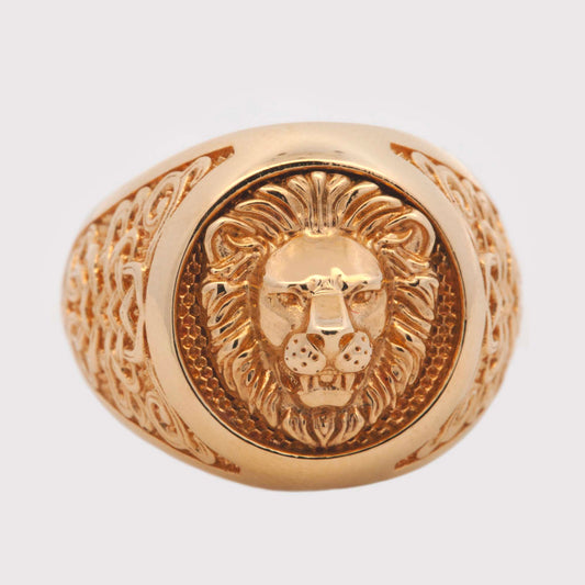 14K Yellow Gold Lion Head Patterned Side Men's Ring