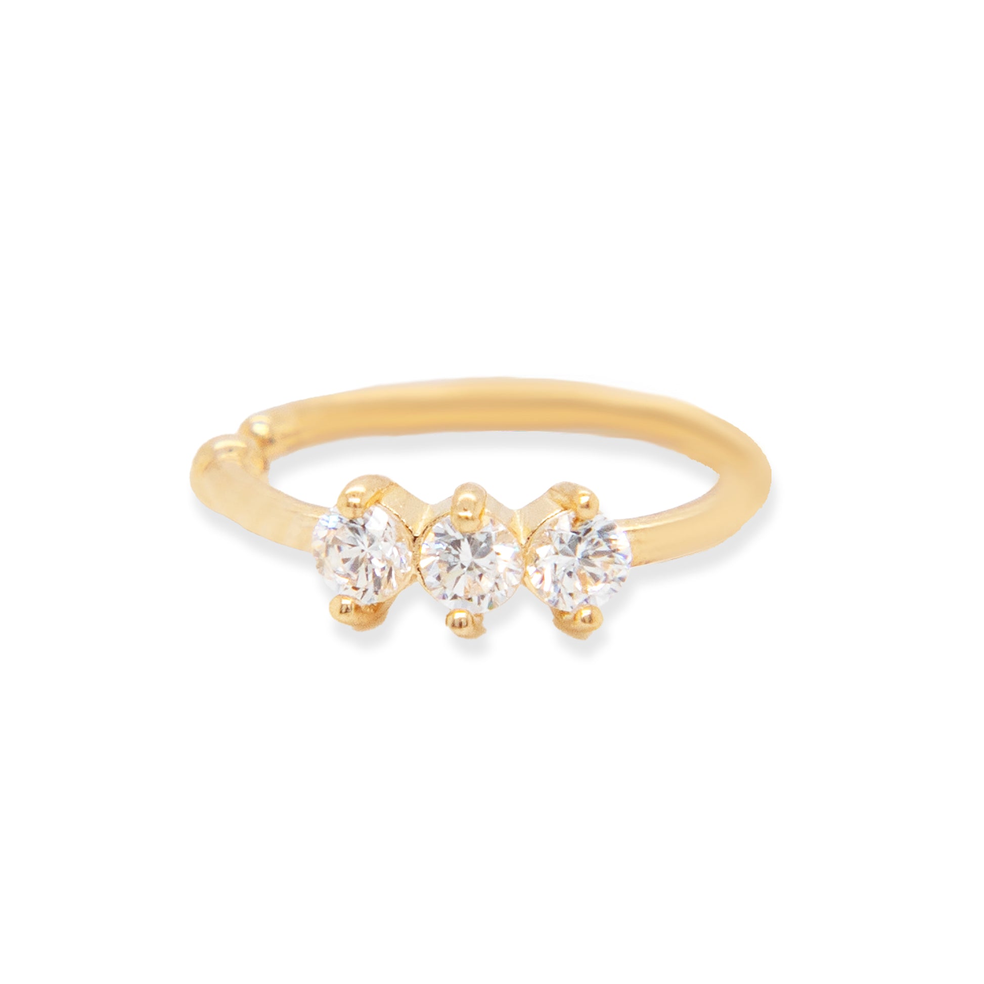 14K Yellow Gold Triple White CZ Nose Ring Hoop