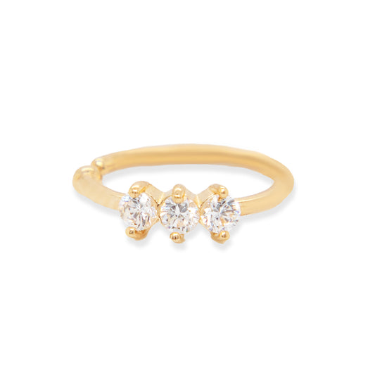 14K Yellow Gold Triple White CZ Nose Ring Hoop