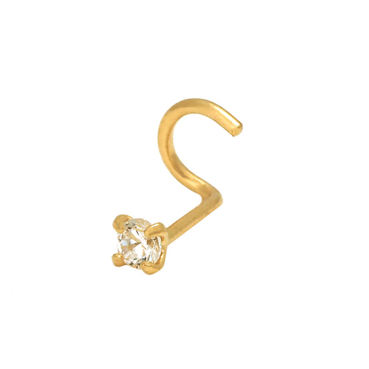 14K Yellow Gold 2MM White CZ Screw Nose Ring