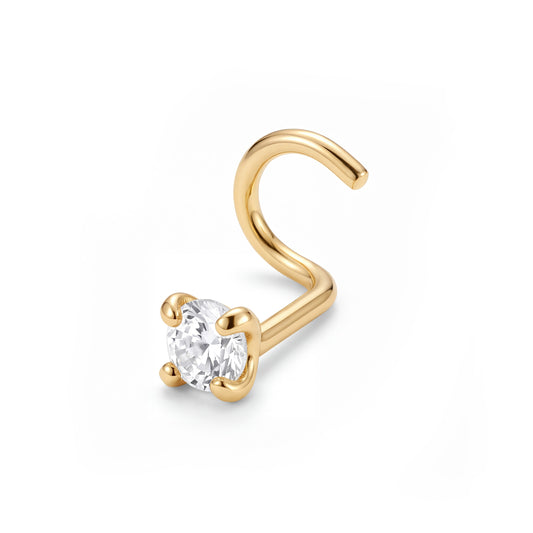 14K Yellow Gold 3MM White CZ Curved Nose Ring