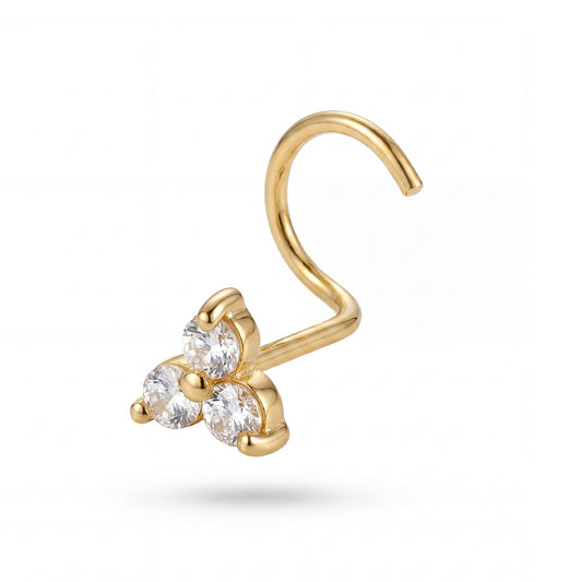 14K Yellow Gold CZ Trio Cluster Curved Nose Ring