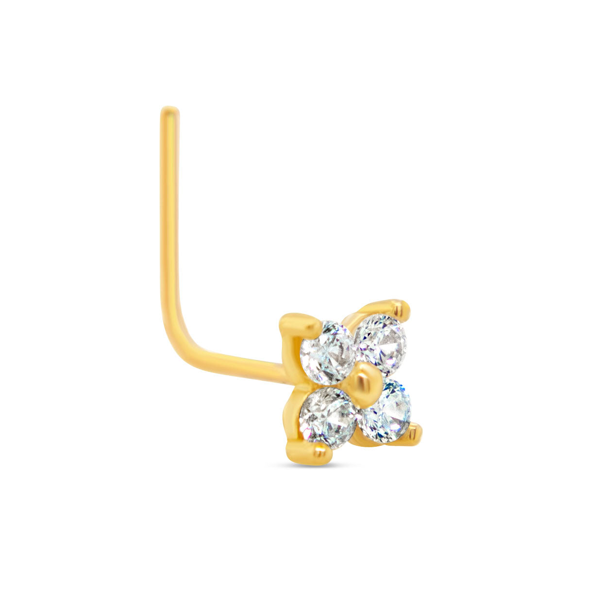 14K Yellow Gold White CZ Flower Cluster L-Bar Nose Ring