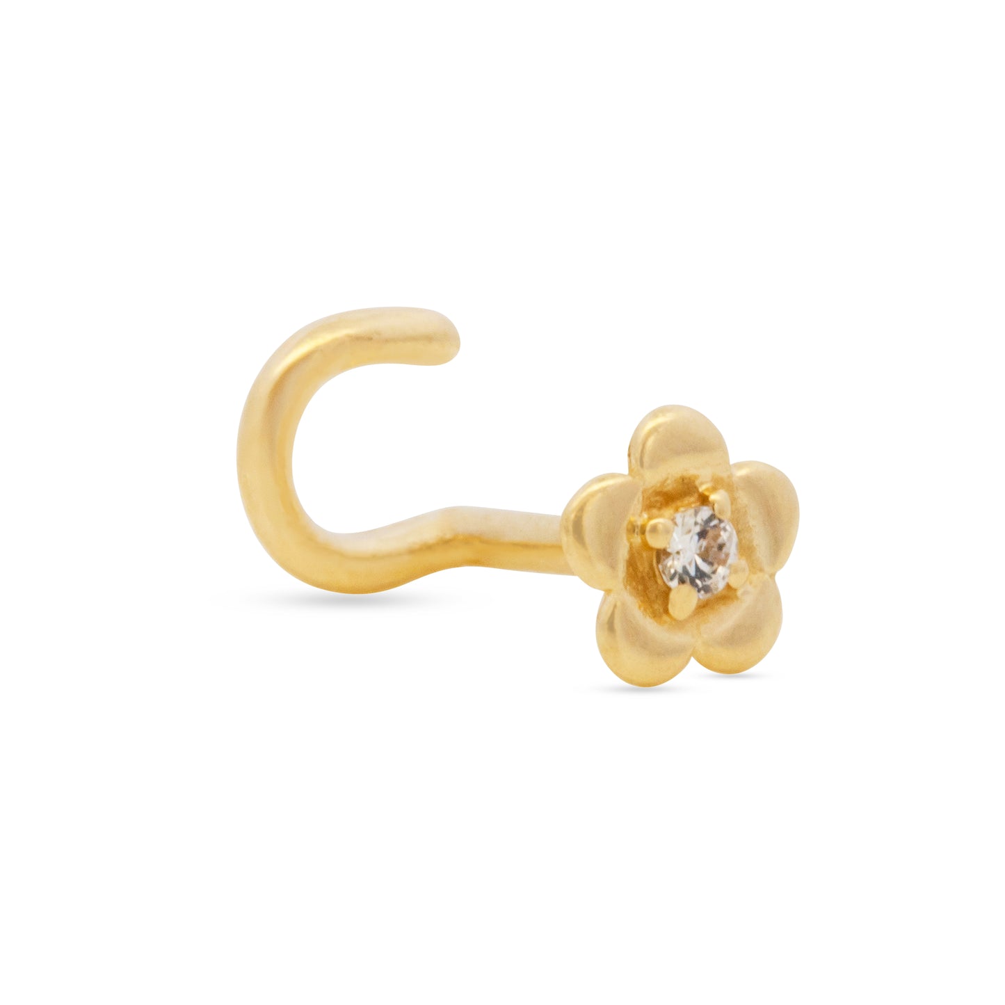 14K Yellow Gold Flower White CZ Center Nose Screw Ring