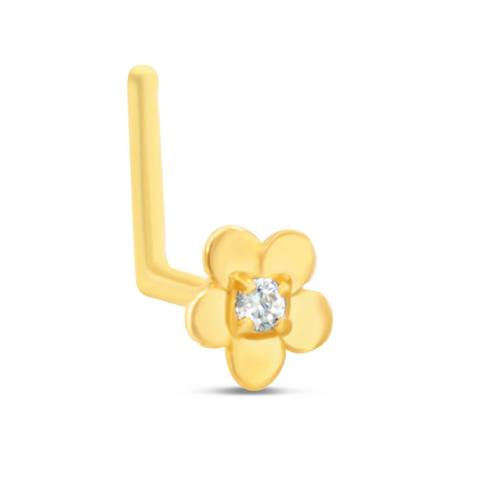 14K Yellow Gold Polished Flower CZ Center L-Bar Nose Ring