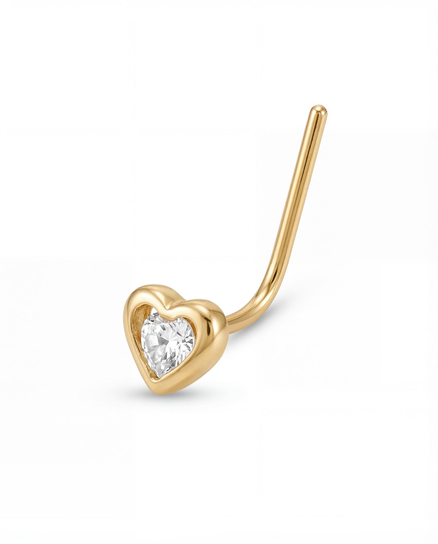 14K Yellow Gold Unique White CZ Heart L-Bar Nose Ring