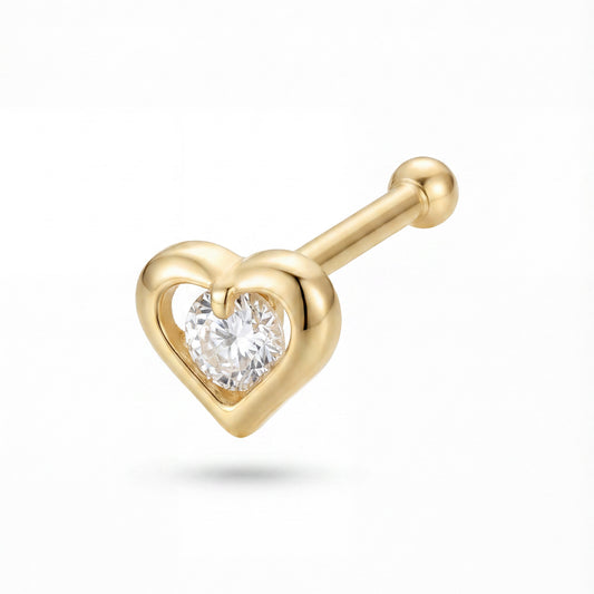 14K Yellow Gold Unique White CZ Heart Nose Stud